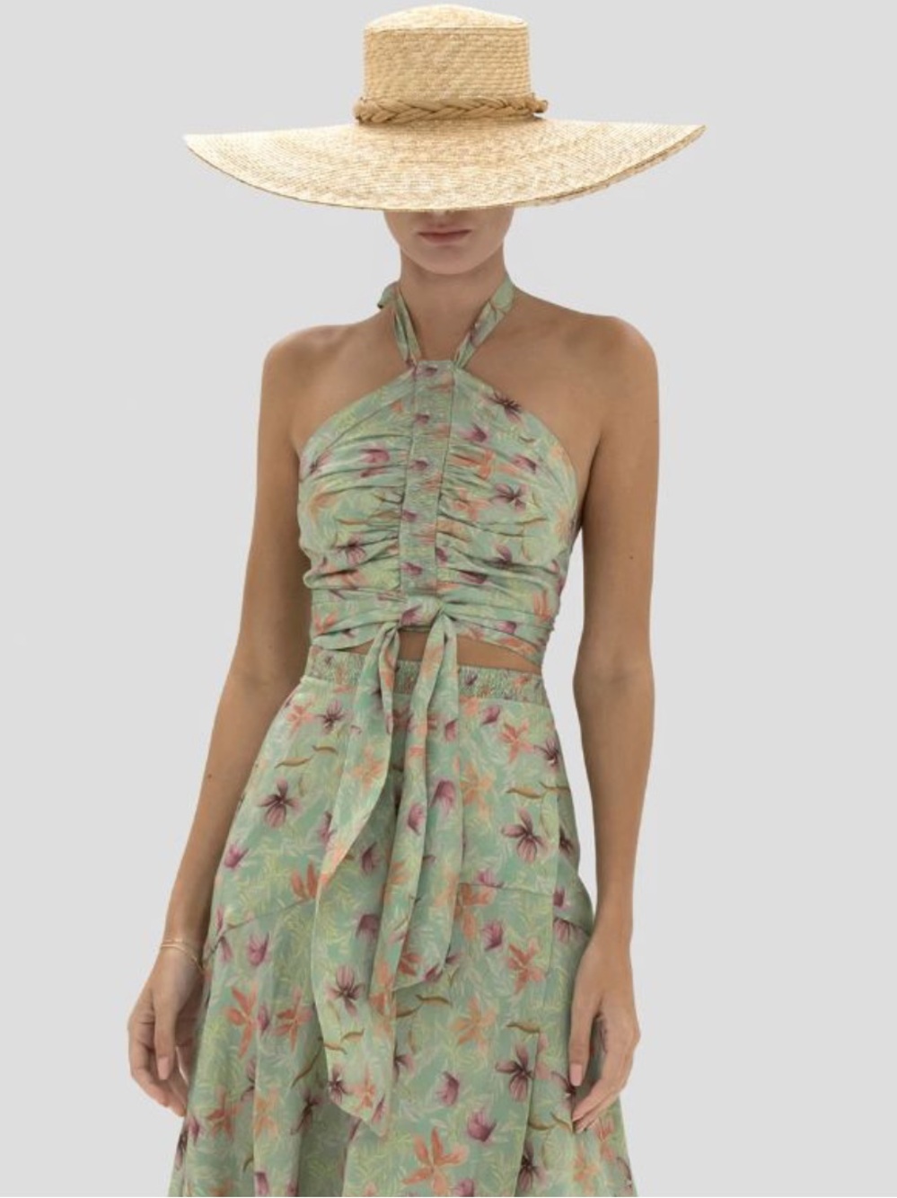 Alexis Reve Wild Orchid Green Floral Ruched Halter Backless Crop Top Size XS